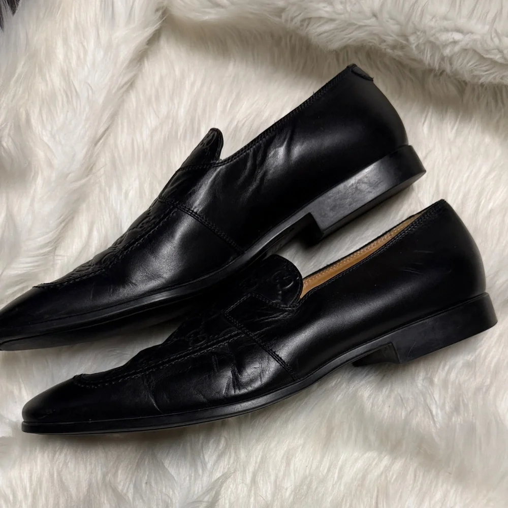 Gucci GG Embossed Black Leather Men's Slip-Ons 9